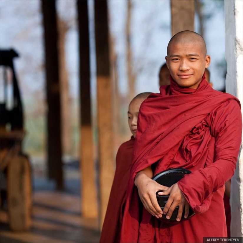 Salida del sol sobre campos de arroz y alimentación de monjes