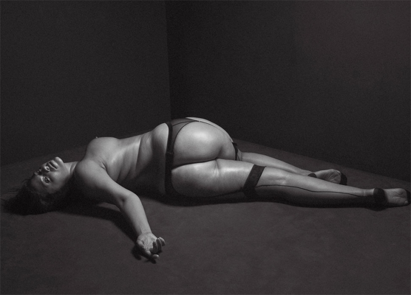 Sexuality in the body: candid black and white photo shoot of plus-size model Ashley Graham