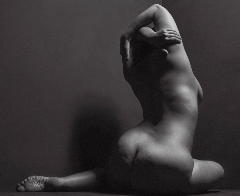 Sexuality in the body: candid black and white photo shoot of plus-size model Ashley Graham
