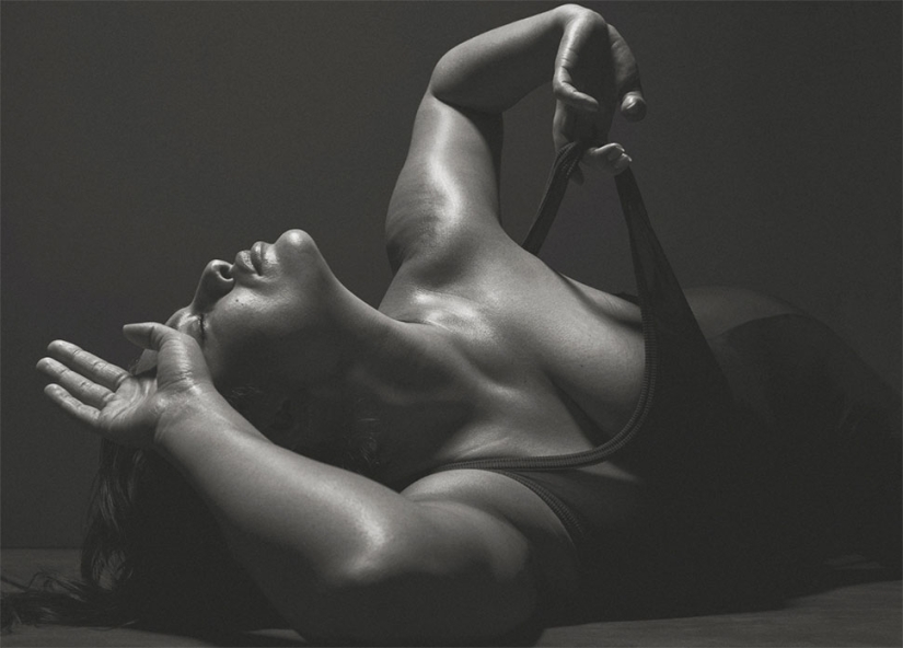 Sexuality in the body: candid black and white photo shoot of plus-size model Ashley Graham