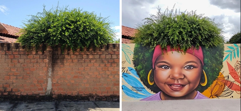 Street Artist Continues To Paint Portraits On Walls Next To Trees That Double As Hair