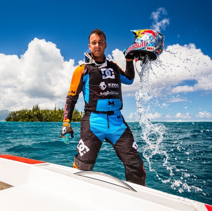 Surfing legend: Robbie Maddison rides a wave on a motorcycle