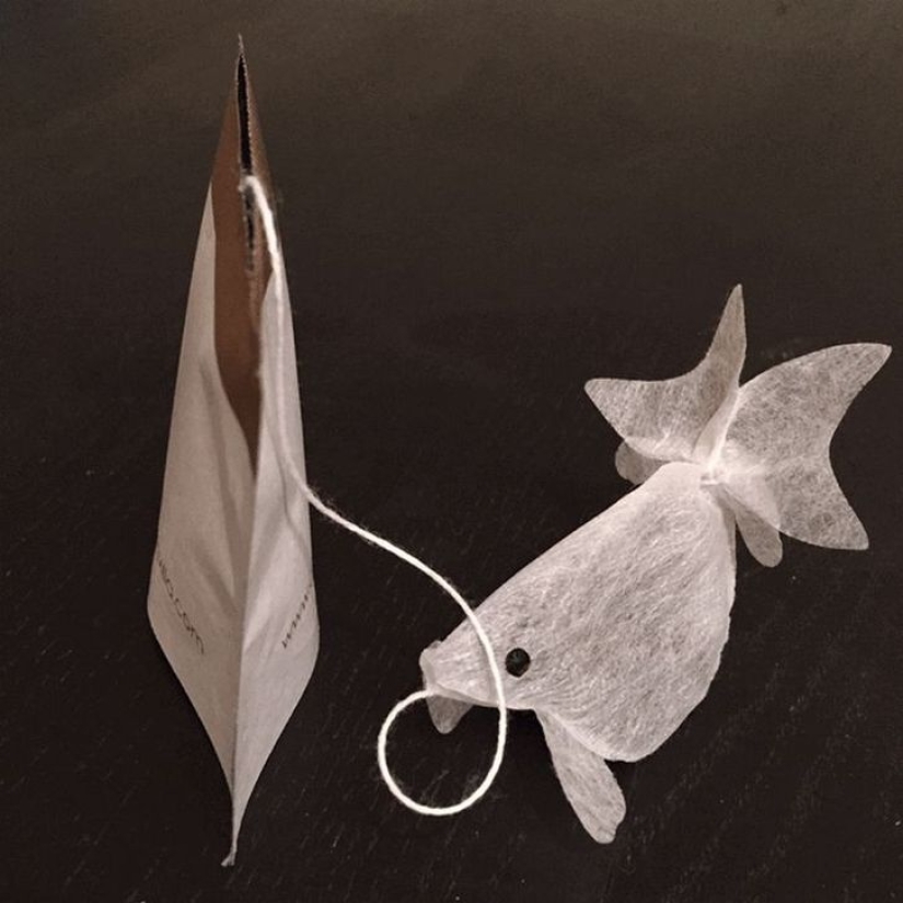Tea bags that turn into goldfish in a cup Tea bags that turn into goldfish in a cup