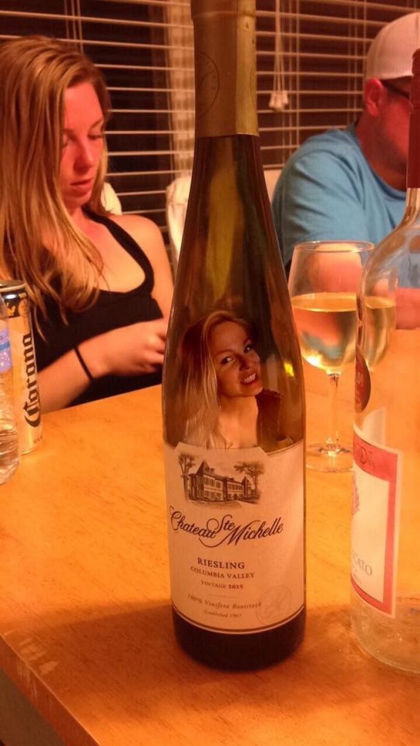 The girl couldn't go to the beach with her friends, so she put herself in their photo