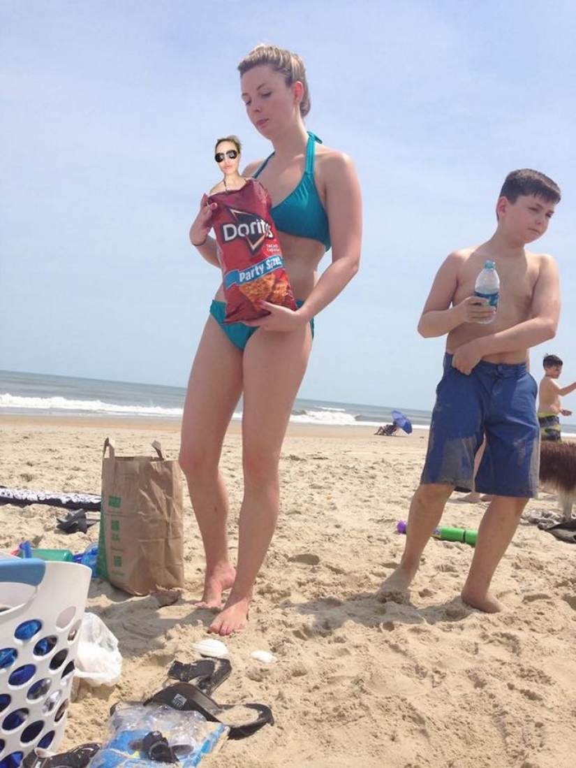 The girl couldn't go to the beach with her friends, so she put herself in their photo