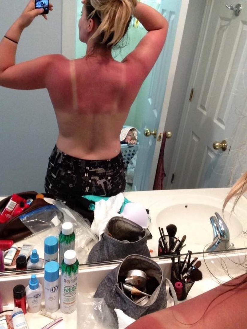 The girl couldn't go to the beach with her friends, so she put herself in their photo