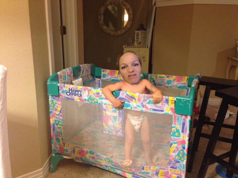 The girl couldn't go to the beach with her friends, so she put herself in their photo
