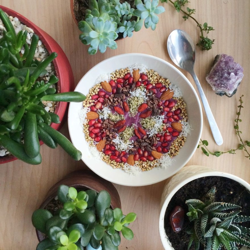 The girl creates real works of art from her vegan dishes