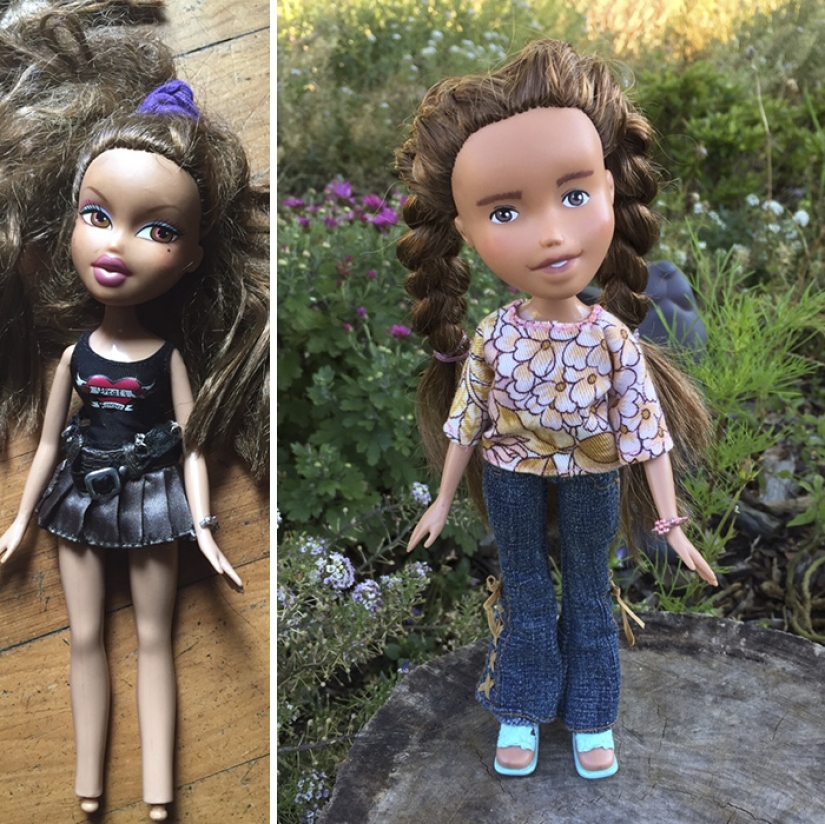 The girl draws realistic faces to old dolls and comes up with characters for them
