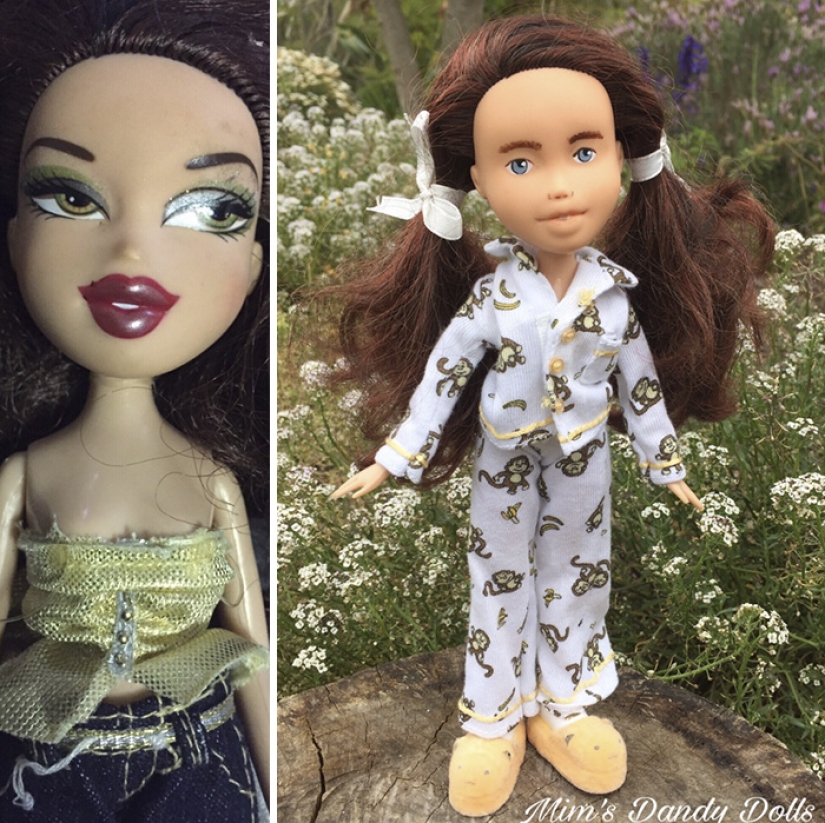 The girl draws realistic faces to old dolls and comes up with characters for them