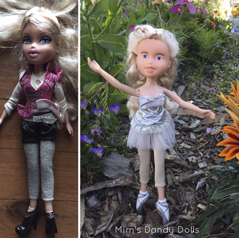 The girl draws realistic faces to old dolls and comes up with characters for them