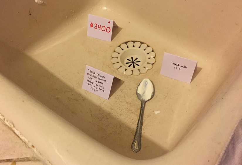 The guy got tired of cleaning up after his flatmate and made an exhibition of modern art out of the mess