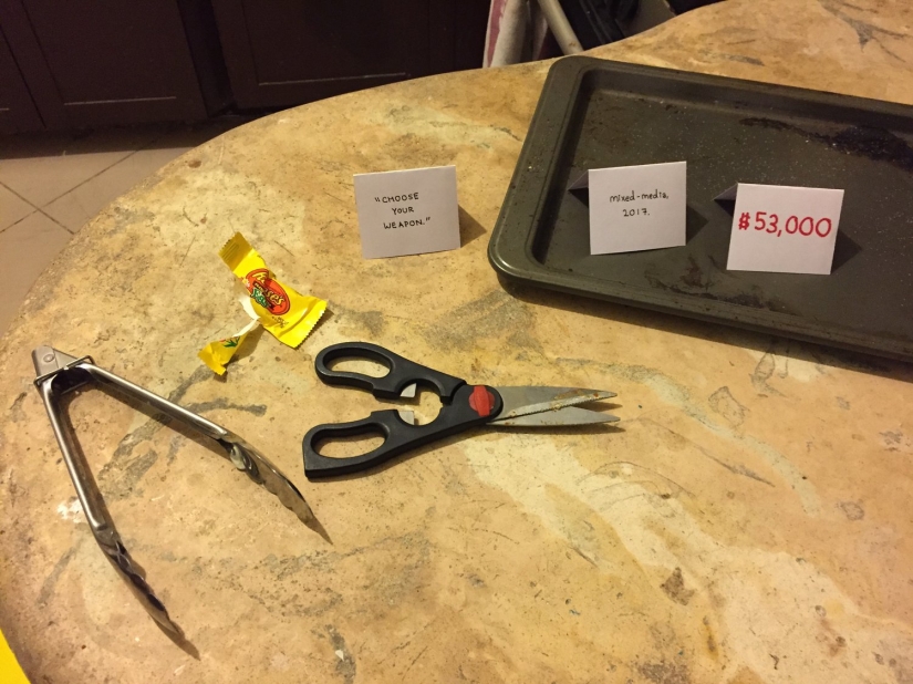 The guy got tired of cleaning up after his flatmate and made an exhibition of modern art out of the mess