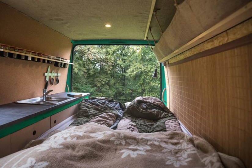 The photographer made a cozy and comfortable mobile home out of a 16-year-old van