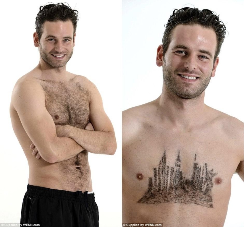 The stylist shaves the world's landmarks from the hair on the male chest