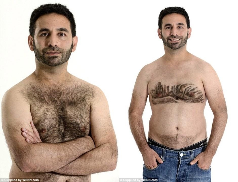 The stylist shaves the world's landmarks from the hair on the male chest