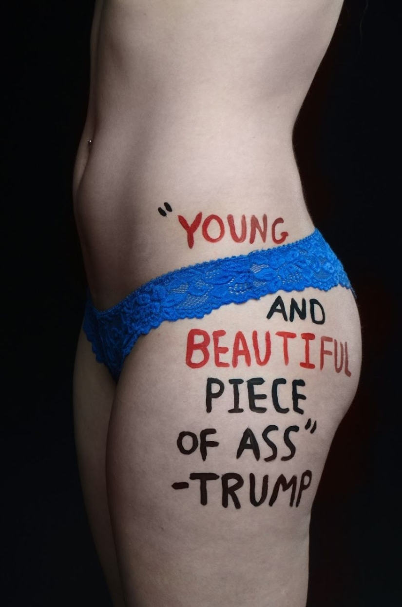 Trump Me: Una estudiante de 18 años puso citas ofensivas de Trump en su cuerpo para un atrevido proyecto fotográfico
