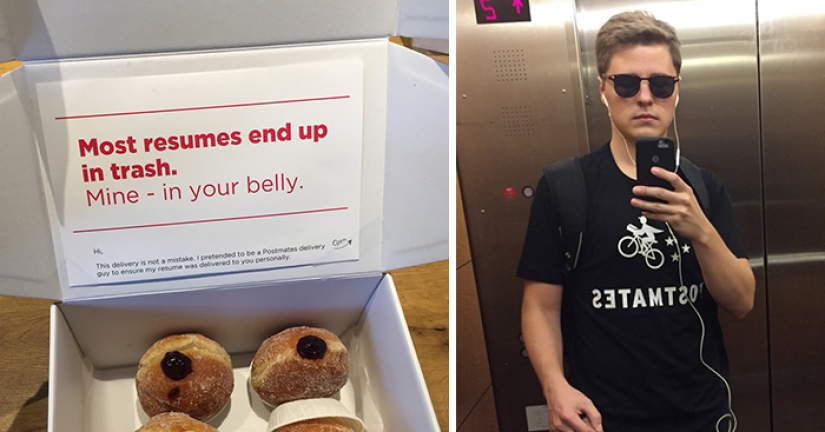 Trying to find a job, the guy pretended to be a courier and put a resume in a box with donuts