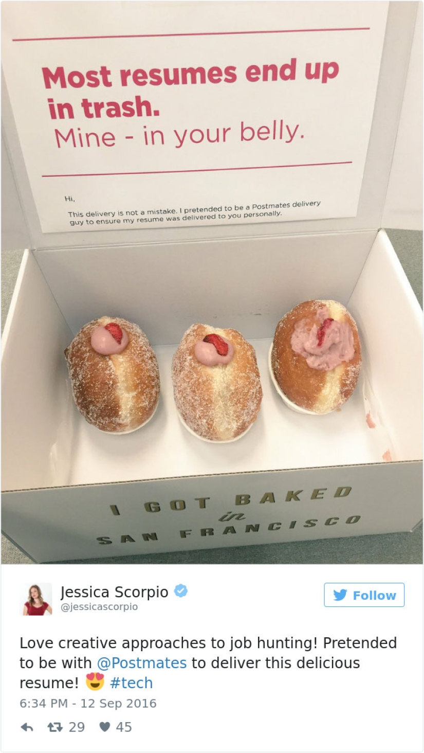Trying to find a job, the guy pretended to be a courier and put a resume in a box with donuts
