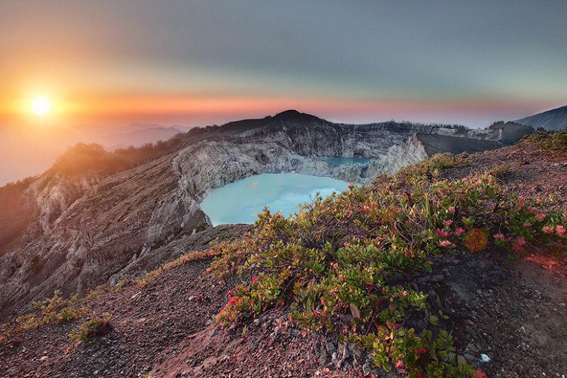 Unique tricolor lakes in the crater of the Kelimutu volcano