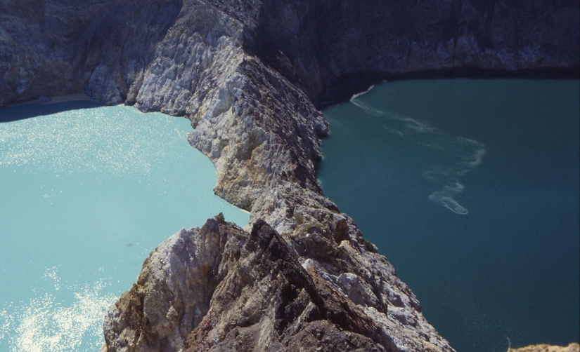 Unique tricolor lakes in the crater of the Kelimutu volcano