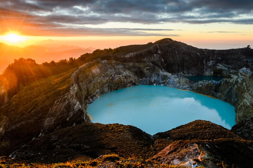Unique tricolor lakes in the crater of the Kelimutu volcano