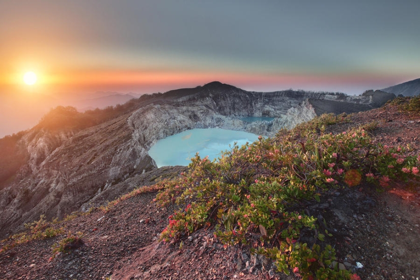 Unique tricolor lakes in the crater of the Kelimutu volcano