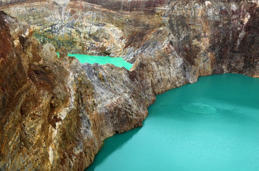 Unique tricolor lakes in the crater of the Kelimutu volcano