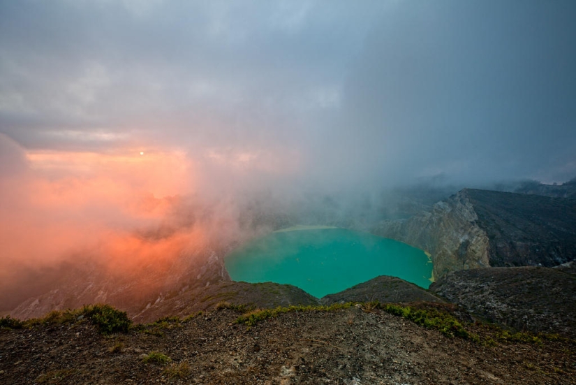 Unique tricolor lakes in the crater of the Kelimutu volcano