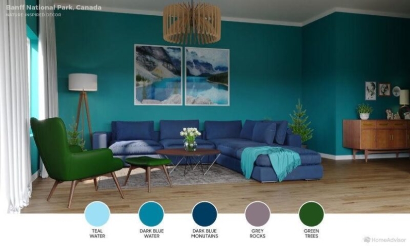 6 interior of one living room, created on motives of the most beautiful places on the planet