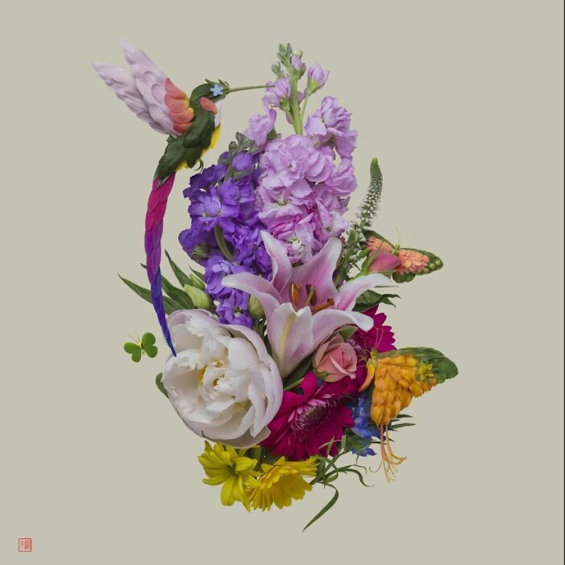 Artista crea esculturas de animales a partir de arreglos florales