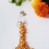 Creé vestidos únicos usando legumbres, frutas y verduras.
