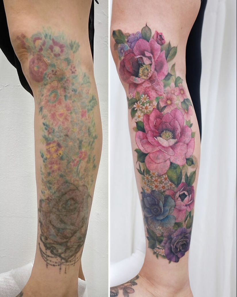 El artista crea tatuajes florales que irradian elegancia y belleza.