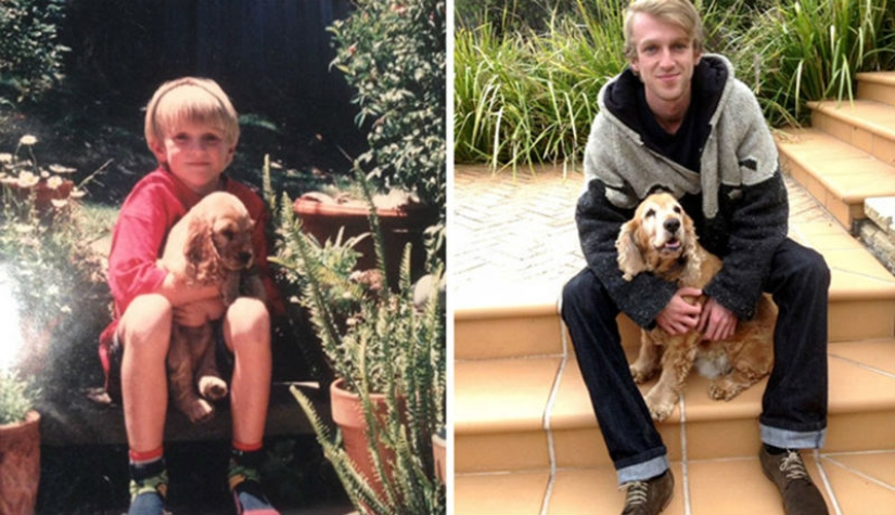 Grown up together: Dogs and their owners at the beginning of friendship and after many years Grown up together: Dogs and their owners at the beginning of friendship and after many years