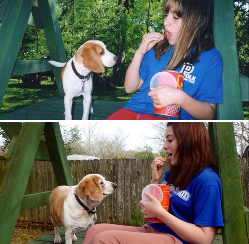 Grown up together: Dogs and their owners at the beginning of friendship and after many years Grown up together: Dogs and their owners at the beginning of friendship and after many years