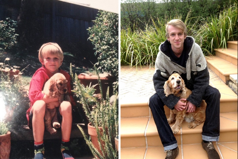 Grown up together: Dogs and their owners at the beginning of friendship and after many years Grown up together: Dogs and their owners at the beginning of friendship and after many years
