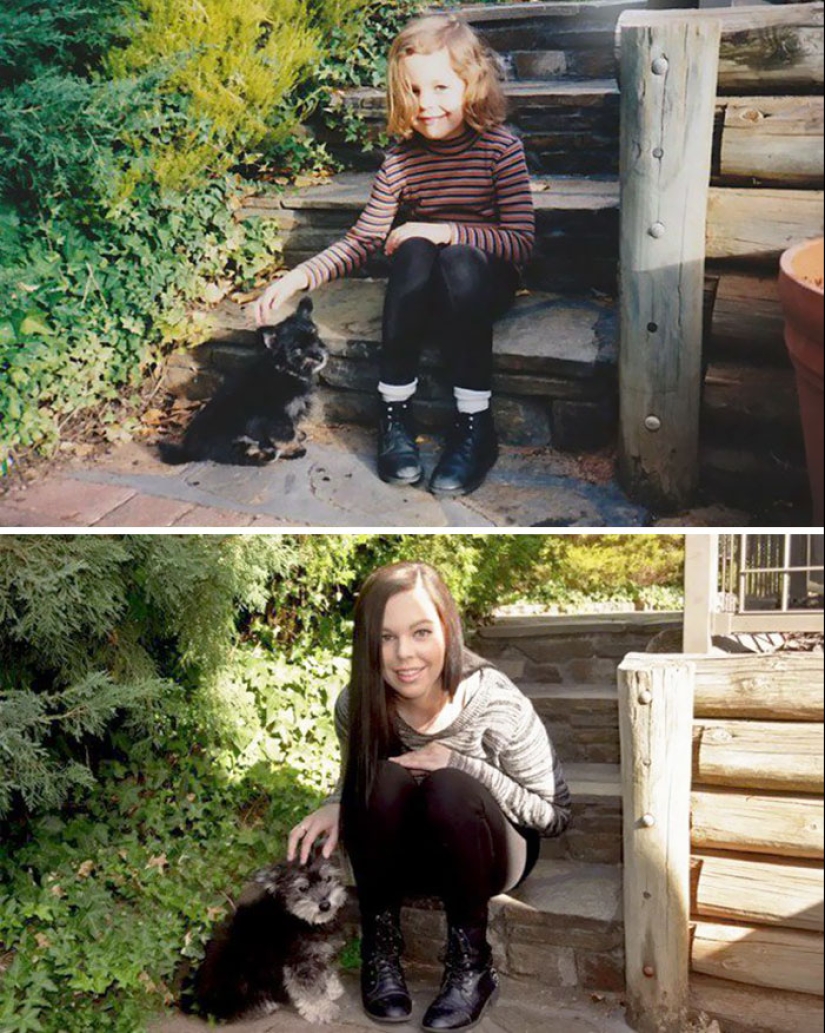 Grown up together: Dogs and their owners at the beginning of friendship and after many years Grown up together: Dogs and their owners at the beginning of friendship and after many years