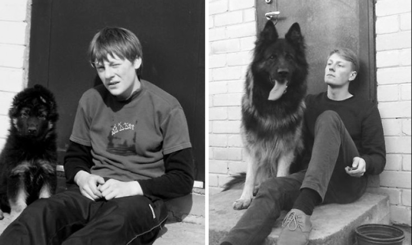 Grown up together: Dogs and their owners at the beginning of friendship and after many years Grown up together: Dogs and their owners at the beginning of friendship and after many years