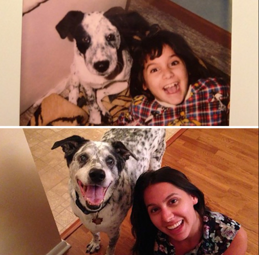 Grown up together: Dogs and their owners at the beginning of friendship and after many years Grown up together: Dogs and their owners at the beginning of friendship and after many years