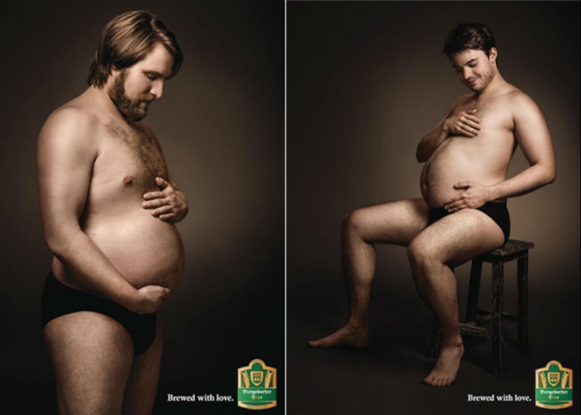 Men lovingly stroke their beer bellies in German advertising