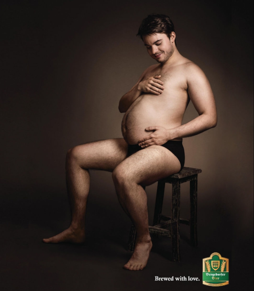 Men lovingly stroke their beer bellies in German advertising