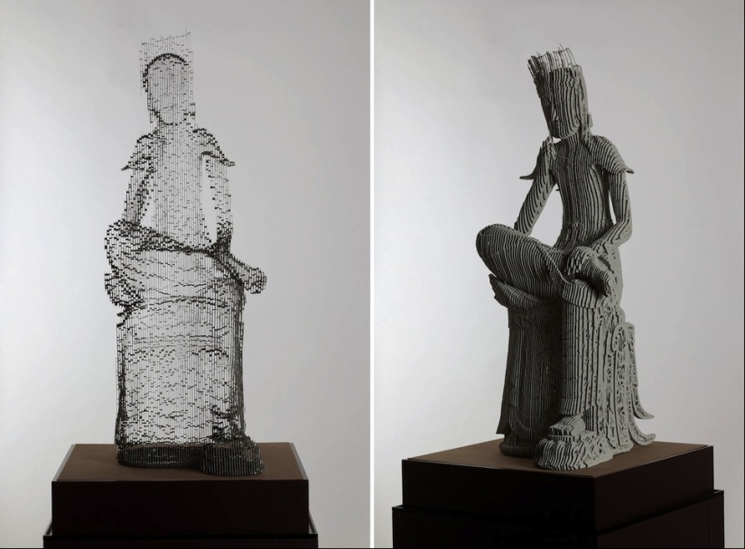 Multilayered paper sculptures that are at a certain angle become nearly invisible