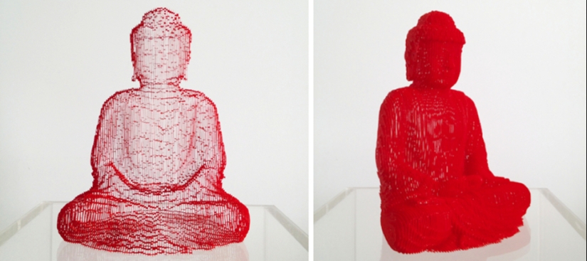 Multilayered paper sculptures that are at a certain angle become nearly invisible