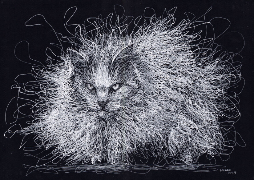 My Daughter Got Me A Black Sketchbook Years Ago, Here Are 23 New White Pen Drawings That I Made