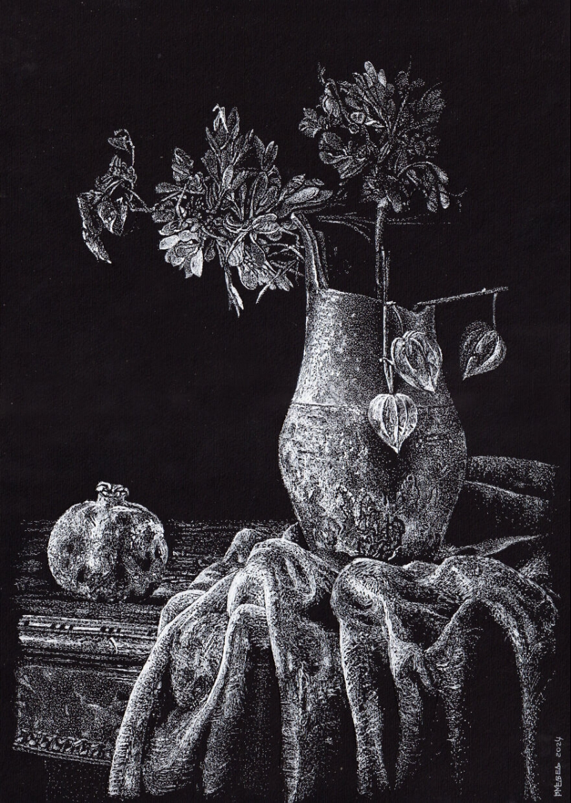 My Daughter Got Me A Black Sketchbook Years Ago, Here Are 23 New White Pen Drawings That I Made