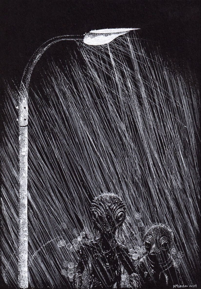 My Daughter Got Me A Black Sketchbook Years Ago, Here Are 23 New White Pen Drawings That I Made