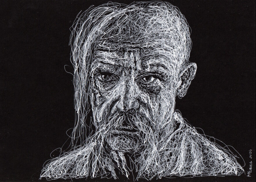 My Daughter Got Me A Black Sketchbook Years Ago, Here Are 23 New White Pen Drawings That I Made