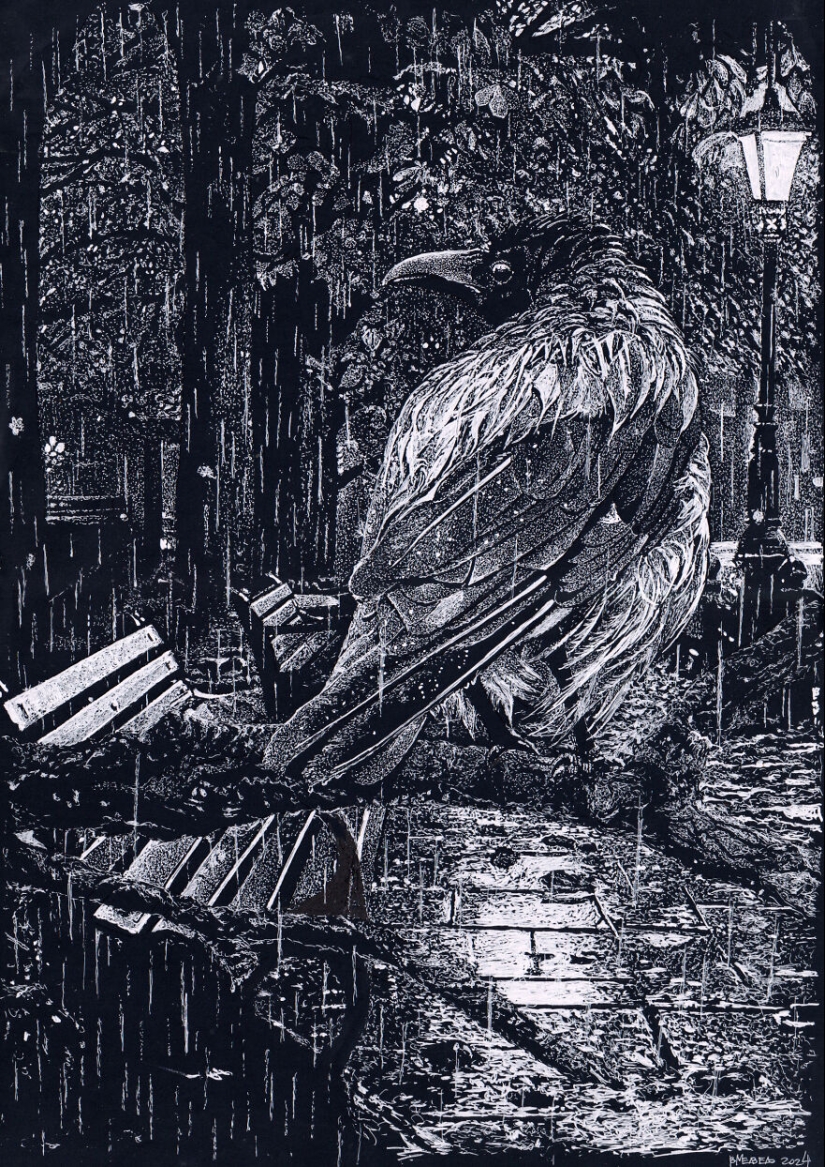 My Daughter Got Me A Black Sketchbook Years Ago, Here Are 23 New White Pen Drawings That I Made