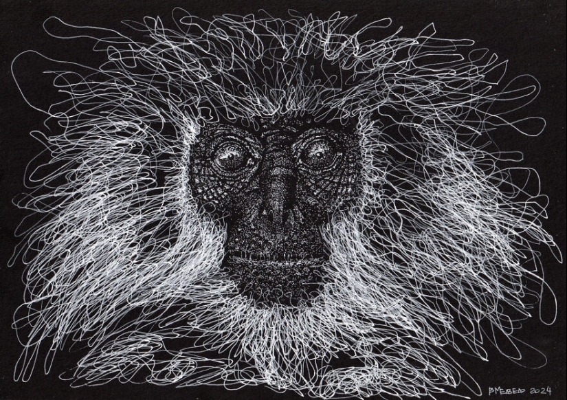 My Daughter Got Me A Black Sketchbook Years Ago, Here Are 23 New White Pen Drawings That I Made