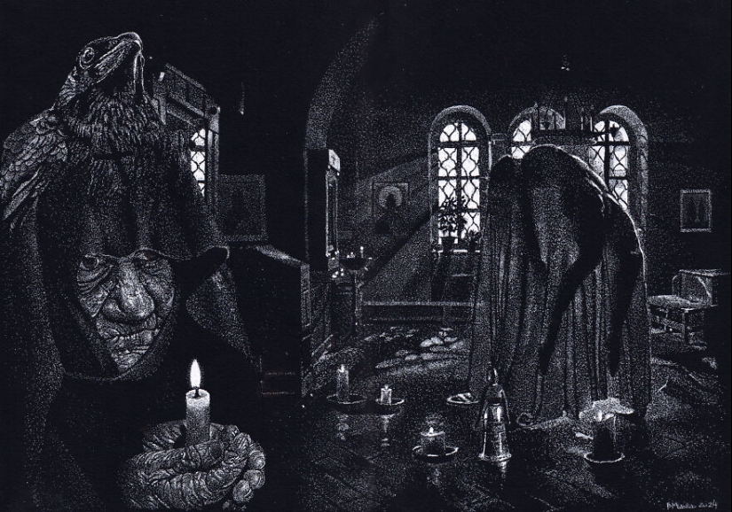 My Daughter Got Me A Black Sketchbook Years Ago, Here Are 23 New White Pen Drawings That I Made